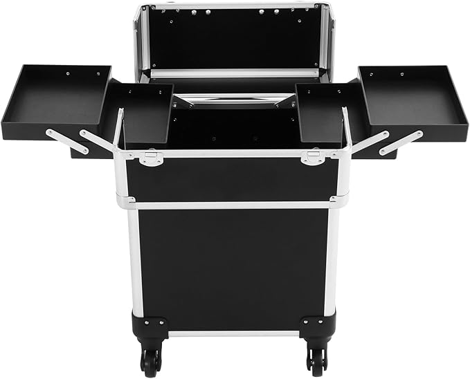 Professional Rolling Makeup Case with Retractable Handle, Aluminum Alloy Cosmetic Organizer with Locks & Wheels, Large Capacity Beauty Travel Case for Makeup Artists, Black