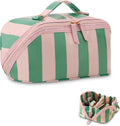 DYSHAYEN Stripe Travel Makeup Bag with Compartments Clear Coated Cosmetic Bag for Women, Waterproof Portable Open Flat Toiletry bag （Pink-Green）