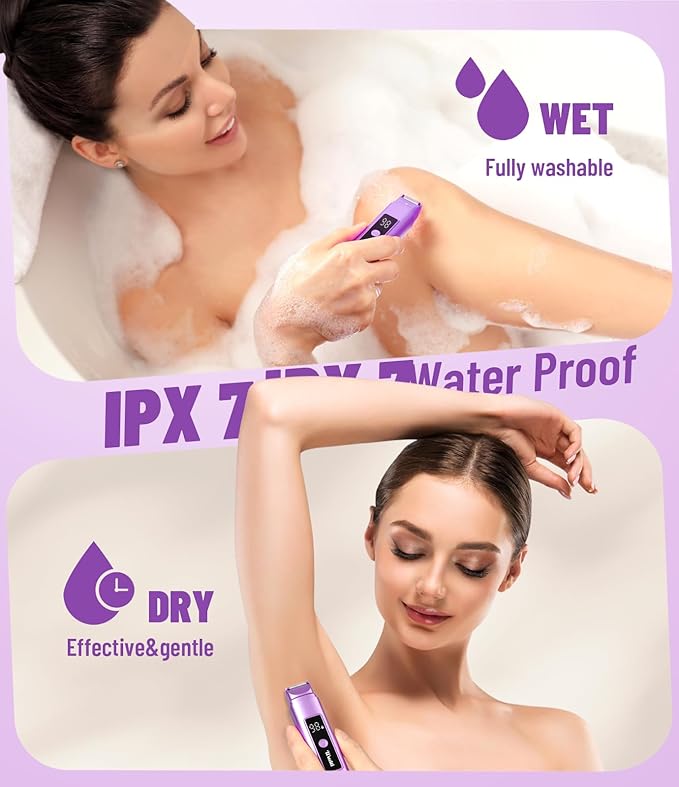 Electric Bikini Trimmer for Women: IPX7 Waterproof Dual Head Cordless Electric Shaver for Women with LED Display & 0.5mm Ceramic Blades for Pubic Hair, Face, Legs - Grape Purple