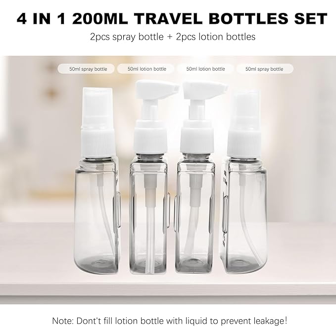 Skycase Travel Bottles - Leak Proof Refillable Tsa Approved Travel Size Toiletries, 4 in 1 Liquid Bottles Containers with Labels and Funnel Airplane Accessories Kits for Lotion Liquid (Grey)