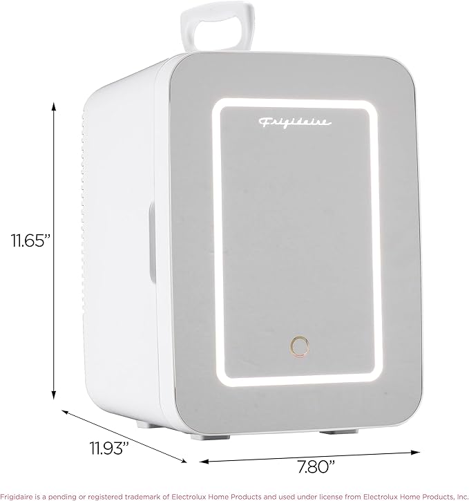 Frigidaire Mini Personal Fridge Cooler, LED Lighted Mirror, 6.5L Capacity, Chills 9 Cans, or Makeup and Skincare, Portable & Compact