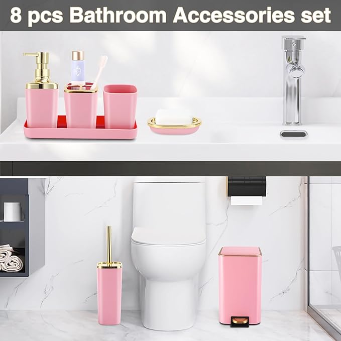 Pink Bathroom Accessories Set 8 Piece Pink and Gold Bathroom Set, Bathroom Sets with Stainless Steel Trash Can,Toilet Brush,Toothbrush Set,Soap Dispenser