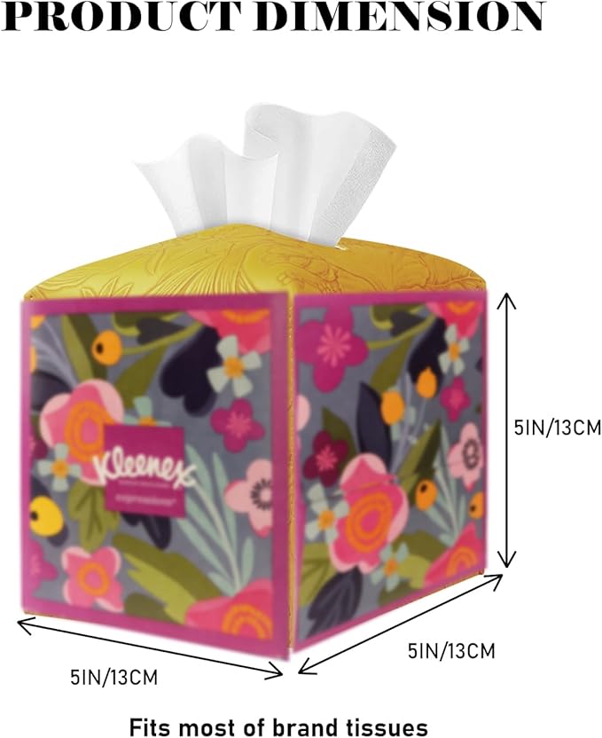 Tissue Box Holder Cover Square Tissue Cube Cover PU Leather Tissue Organizer with Bottom Belt for Bathroom, Tabletop, Kitchen, Night Stands, Office, Home, Car (2, RetroYellow)