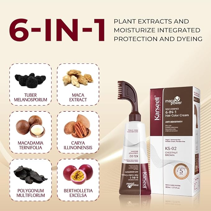 Karseell Hair Dye with Comb Applicator, Maca essence 6-IN-1 Ammonia Free No Mix Hair Color for 100 Percent Gray Coverage Hair Dye, 80ml-Brown