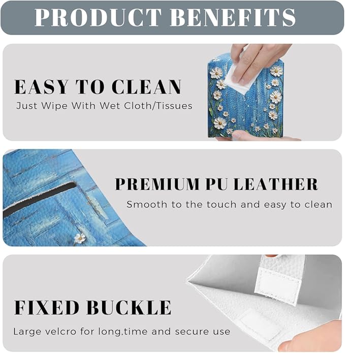 White Flowers Daisy Tissue Box Cover Rustic Floral Wooden Square PU Leather Waterproof Tissue Box Holder for Bathroom Kitchen Bedroom Vanity Countertop Night Stands