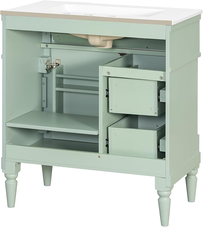 Harper & Bright Designs 30" Bathroom Vanity with Sink, Free Standing Bathroom Vanity Set with Flip Drawer, 2 Drawers, and Adjustable Shelf, Wood Storage Cabinet with Ceramic Basin for Bathroom, Green
