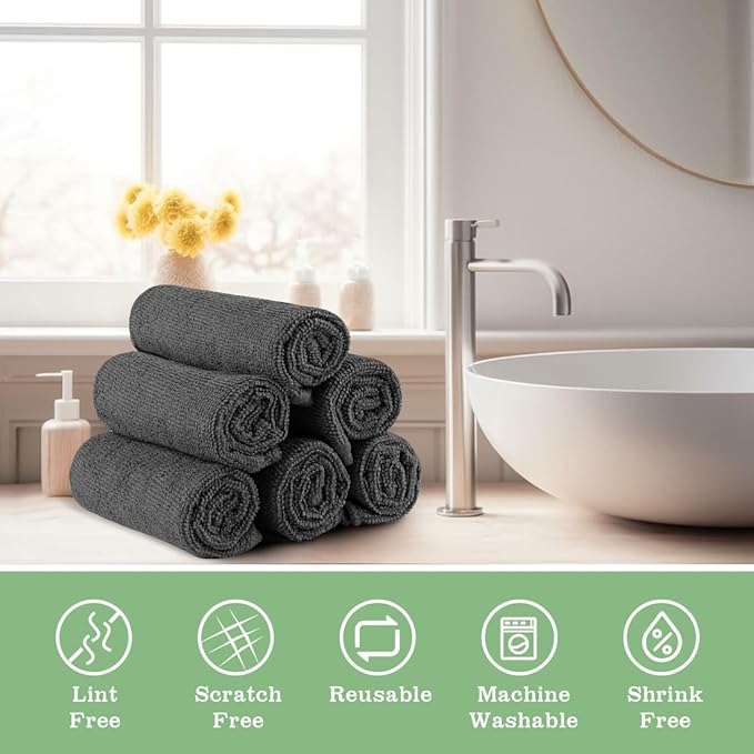 Washcloths Bulk - 100 Pack - Face Towels (12" x 12"), Highly Soft Wash Cloths and Hand Towels, Fast Drying Multi-Purpose Microfiber Cleansing Cloths for Bathroom, Hotel, Spa, and Salon - Grey