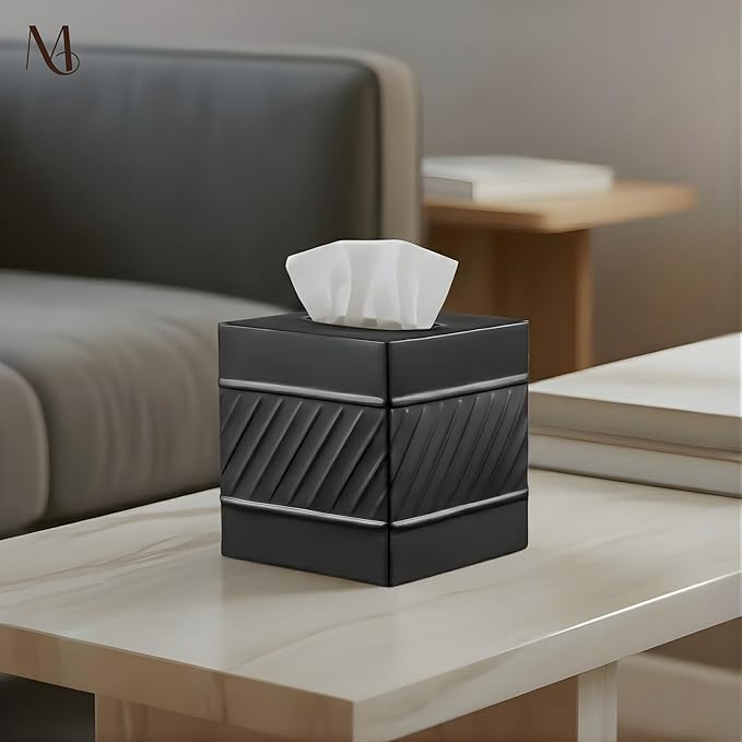 Monarch Abode Tissue Box Cover Square – Handcrafted Wave Embossed Black Metal Tissue Holder Box for Bathroom Accessory, Aesthetic Decorative Facial Napkin Cube for Modern Home Decor