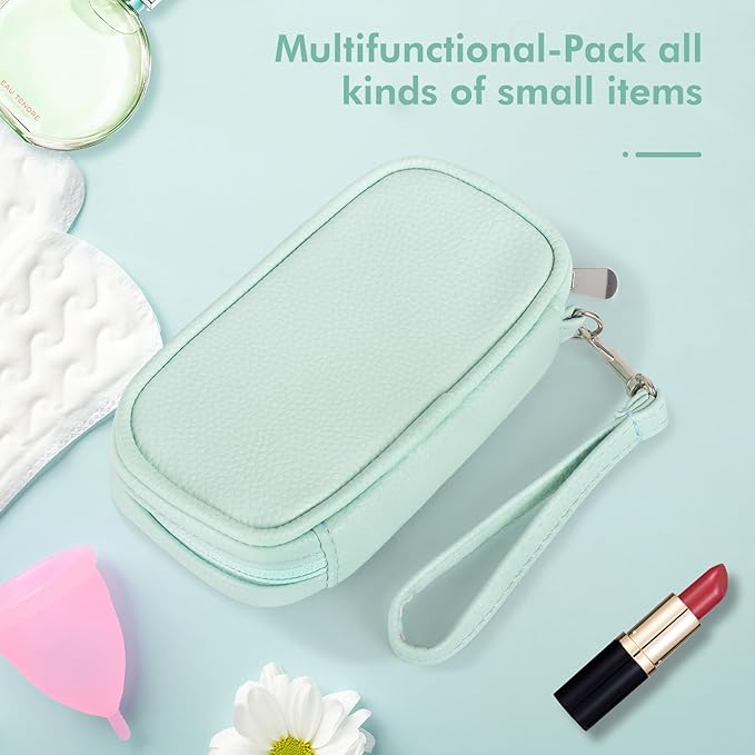 Portable Tampon Organizer - Beige PU Pouch with Handle, Small Case for Feminine Products, Zipper Period Bag for Women's Purse