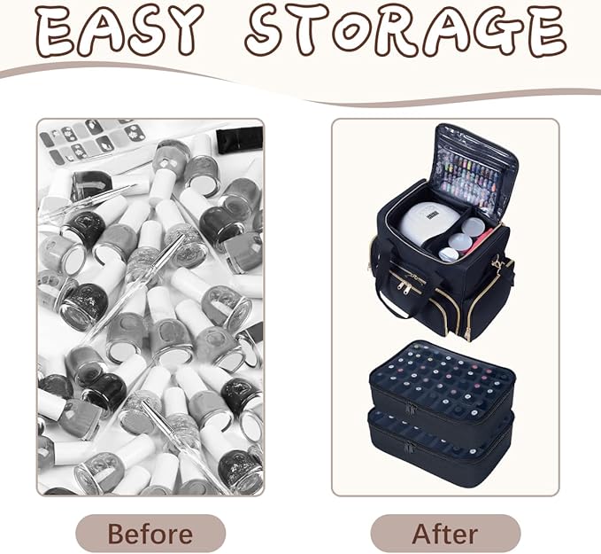 Nail Polish Organizer Case 80 Bottles(15ml/0.5fl.oz) Large Capacity Travel Storage Box with 2 Detachable Bags for Women's Nail Tools Essential Oils and Cosmetics Sets Black