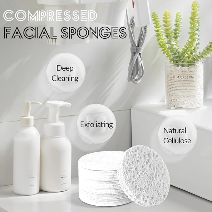 50-Count Facial Sponges Compressed Natural Cellulose Sponge Round Shape Face Sponge for Face Cleansing Exfoliating and Makeup Removal, White