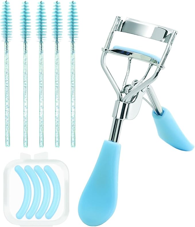 BenePoint Eyelash Curler, Lash Curler with Bonus 4Pcs Replacement Lash Pads& 5Pcs Eyelash Spoolies, Eyelash Curler Kit Portable Travel Eyelash Curler for Eyelash Extension (Blue)