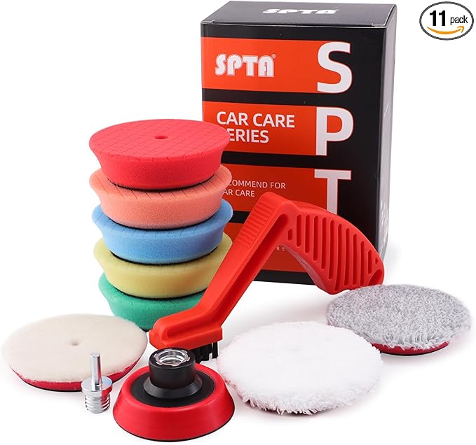 SPTA Drill polishing kit, 11Pcs 3-Inch Buffing Polishing Pads, Car Foam Drill Buffing Pad, Polishing Pads Kit, Buffer Polisher Kit for Car Polishing, Waxing, Sealing Glaze