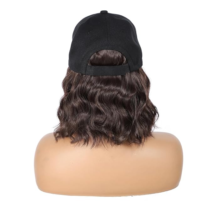GUOJIAN Hat Wigs for Women 6' Short Wave Baseball Cap Wigs with Curly Hair Extensions Synthetic Wave Wig Adjustable Hat with Hair Attached for Daily Use (#4, 6inch)