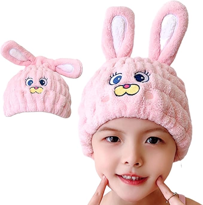 Microfiber Hair Towel Wrap for Kids, Pink Rabbit Dry Hair Cap Suck Water, Absorbent Quick Girls Boys Hair Drying Towel, Lightweight Bouncy Hat Headscarf for Wet Hair