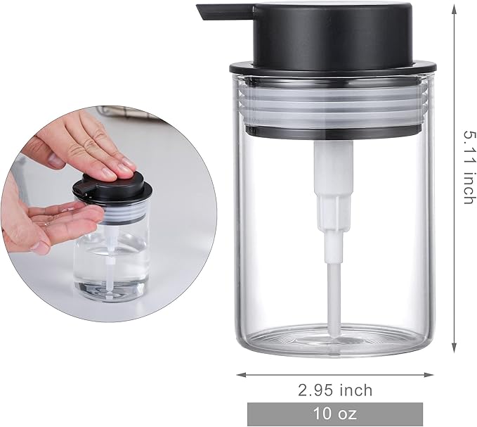 Glass Dish Soap Dispenser, 10 Oz Clear Hand Liquid Bottles with Rust Proof Plastic Pump, Refillable Round Lotion Dispensing for Kitchen Sink & Bathroom Counter
