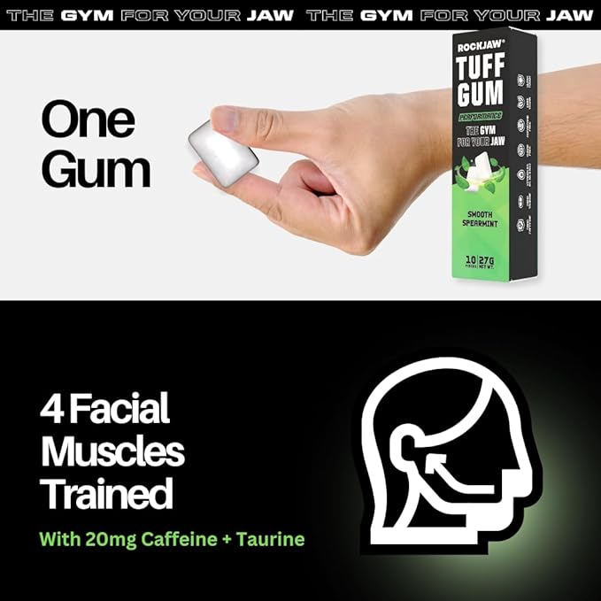 ROCKJAW® Hard Jawline Gum - Tuff Gum 2.0 with 20mg Caffeine, Taurine + B Vitamins - 10 Pack (Smooth Spearmint)