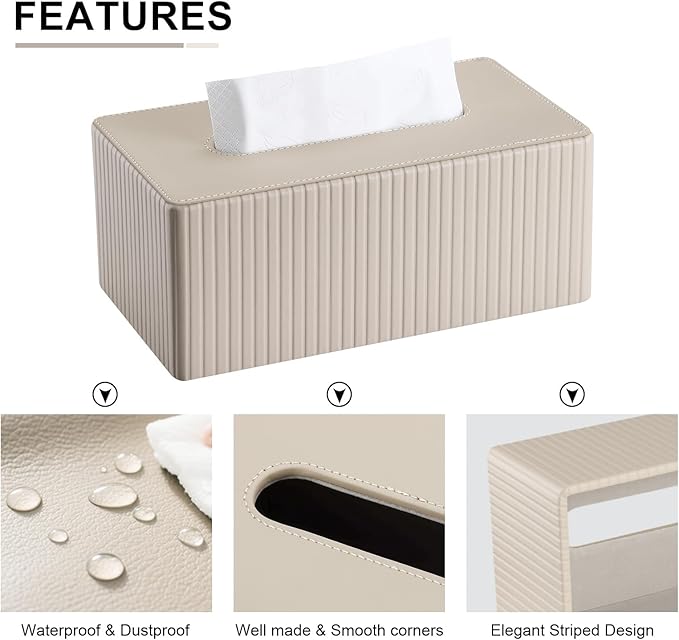 KINGFOM PU Leather Tissue Box Cover Rectangular Tissue Box Holder with Magnetic Bottom, Napkin & Facial Tissue Holder Dispenser for Home, Office for Standard 120-count/160-count (2-Ply) Beige Stripe