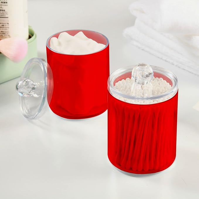 Red Qtip Holder Organizer Dispenser Cotton Swabs Cans Plastic Jars with Lid Set 2 Pack Bathroom Storage Canister for Cotton Ball Floss Cotton Pads