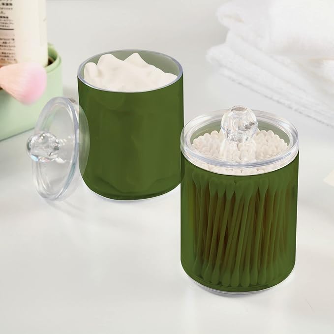 Dark Olive Green Qtip Holder Organizer Dispenser Cotton Swabs Cans Plastic Jars with Lid Set 4 Pack Bathroom Storage Canister for Cotton Ball Floss Cotton Pads