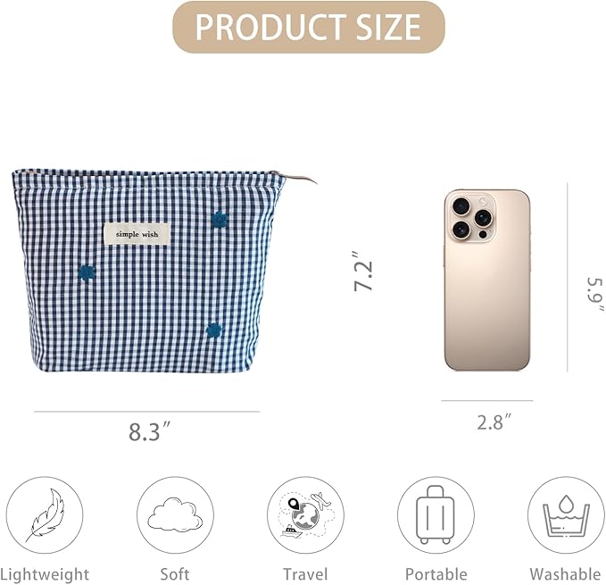 Wudygirl Checkered Makeup Bag Travel Cosmetic Bag for Women Small Makeup Pouch Zipper Cosmetic Pouch Handbag Aesthetic (Navy Checkered)