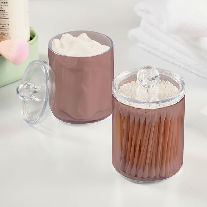 Rosy Brown Qtip Holder Organizer Dispenser Cotton Swabs Cans Plastic Jars with Lid Set 2 Pack Bathroom Storage Canister for Cotton Ball Floss Cotton Pads