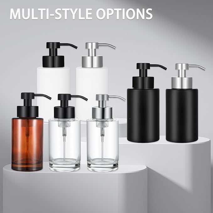 Foaming Soap Dispenser Set, 12 Oz Glass Hand Soap Dispenser with 304 Rust Proof Stainless Steel Pump, Waterproof Labels, for Bathroom Decor Kitchen College Dorm, Clear Silver Pump 2 Pack
