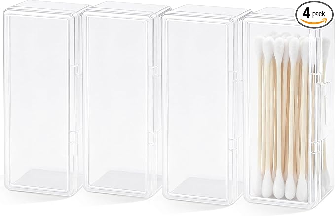 4 Pcs Cotton Swab Holder, Travel Portable Floss Pick Dispenser, Hair Tie Organizer, Small Plastic Box with Lid, 4.1 x 1.8 x 1