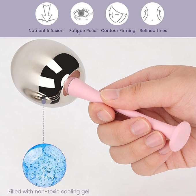 2pcs Facial Ice Globes Stainless Steel Facial,Massage Reduce Puffiness Eliminate Fine Lines Ice Globes Cryo Sticks for Skin Care,Targets Dark Circles,Puffiness,Wrinkles (Pink Handle)