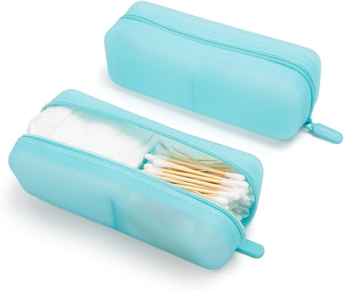 Cotton Pad Swab Travel Case – 2-in-1 Portable Waterproof Qtips Dispenser for Cotton Square Pad & Qtip, Floss, Bobbi Pin, Nail Kit, Hair Accessories Organizer TSA Compliance – VISFRESH (Blue)
