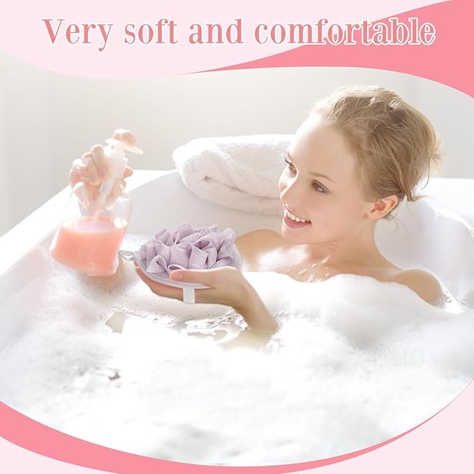 Boao 3 Pcs Bath Shower Pouf Sponge Mesh Pouf Shower Ball Exfoliating Body Sponge Pad Scrubber Glove with Flower Bath Ball (Purple)
