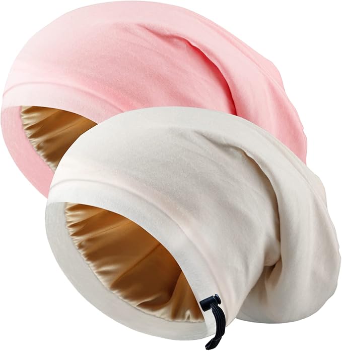 2 Pcs Adjustable Silk Hair Bonnet for Sleeping, Satin Lined Sleep Cap for Women and Men, Silk Hair Wrap Slouch Beanie.