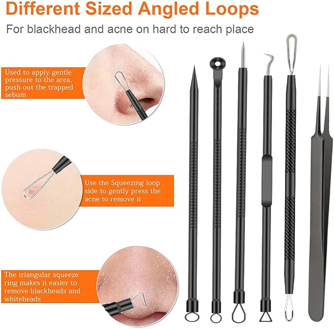 Pimple Popper Tool Kit, 6 Pcs Blackhead Remover Acne Needle Tools Set Removing Treatment Comedone Whitehead Popping Zit for Nose Face Skin Blemish Extractor Tool - Black