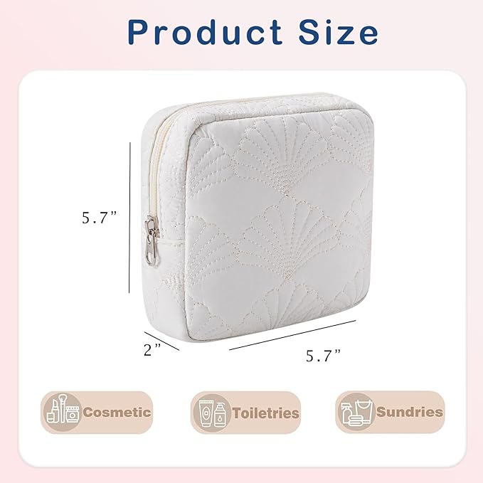 Small Quilted Cosmetic Pouch for Purse, Mini Cotton Makeup Bag with Compartments, Cute Zipper Lipstick Holder for Women (16Seashell)