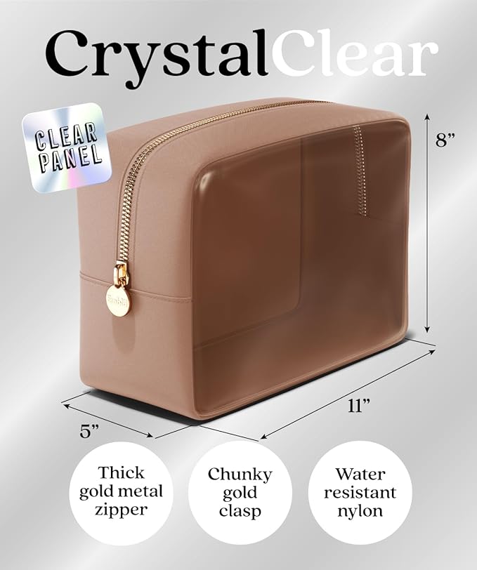 Embla Clear Large Makeup Bag Cute Big Make Up Nylon Pouches Travel Bathroom Bags for Toiletries XL Cosmetic Pouch for Women Girls Extra Large Zipper Toiletry Skincare Organizer Brown