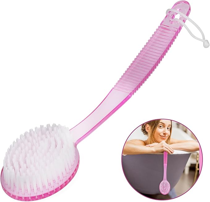 DecorRack Bath Brush with Bristles, Long Handle for Exfoliating Back, Body, and Feet, Bath and Shower Scrubber, Pink (1 Pack)