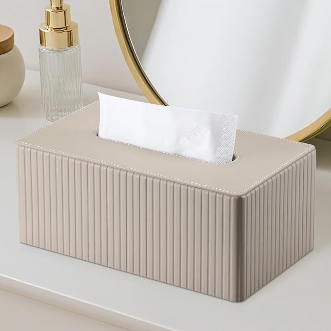 KINGFOM PU Leather Tissue Box Cover Rectangular Tissue Box Holder with Magnetic Bottom, Napkin & Facial Tissue Holder Dispenser for Home, Office for Standard 120-count/160-count (2-Ply) Beige Stripe