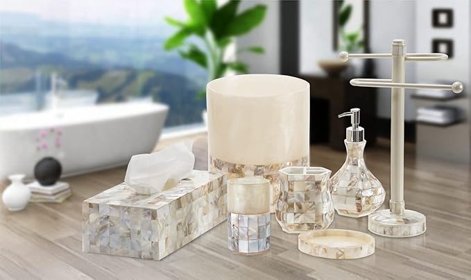 Milano Hand Soap Dispenser for Bathroom, Decorative Countertop Lotion Dispenser Finished in Beautiful Mother of Pearl, with Durable Pump for Elegant Bathroom Decor