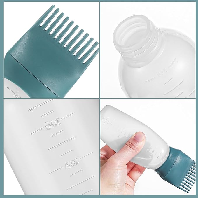 Pimoys Hair Oil Applicator Bottle 6 Ounce, 2 Pack Root Comb Applicator Bottles Hair Dye Bottle Oiling Applicator Brush with Graduated Scale, Dark Blue