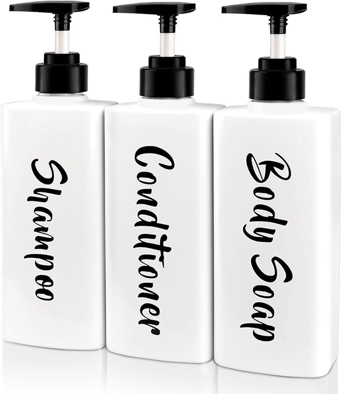 16.9oz Shampoo Conditioner Body Wash Dispenser for Shower, Refillable Printed Soap Bottles with Pump, Empty Plastic Bathroom Dispenser Set for Shampoo, Conditioner & Soap (White, 3 Pack)