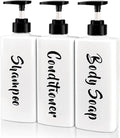 16.9oz Shampoo Conditioner Body Wash Dispenser for Shower, Refillable Printed Soap Bottles with Pump, Empty Plastic Bathroom Dispenser Set for Shampoo, Conditioner & Soap (White, 3 Pack)