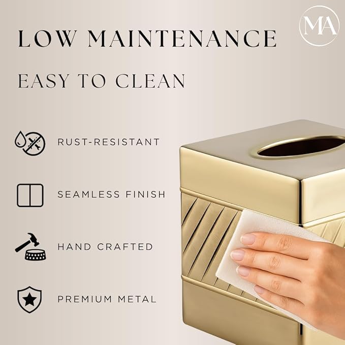 Monarch Abode Tissue Box Cover Square – Handcrafted Wave Embossed Brushed Gold Metal Tissue Holder Box for Bathroom Accessory, Aesthetic Decorative Facial Napkin Cube for Modern Home Decor