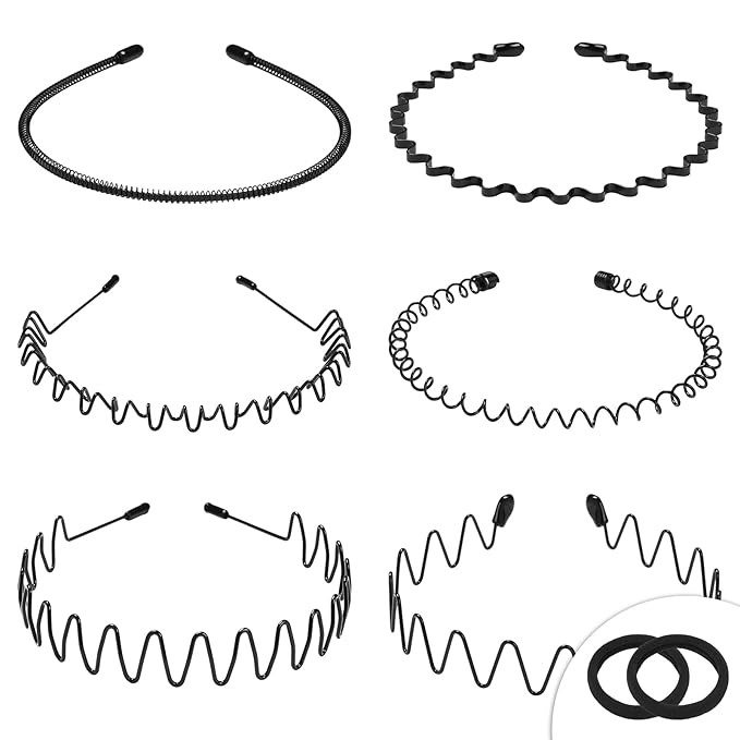 WantGor Metal Headbands, 6 Packs Fashion Unisex Black Hairband Spring Wave Non Slip Sports Headwear Hair Hoop Hair Accessories (8 Pack)