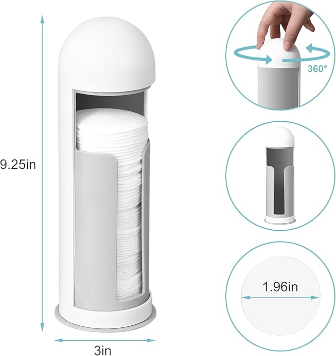 Cosmetic Cotton Pad Rounds Holder with Rotating Lid, Cotton Pads Dispenser Modern White Plastic Organizer Storage