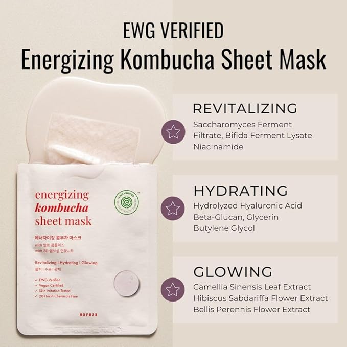 EWG Verified Kombucha Sheet Mask Lyocell 3D Snow Crystal Sheet Fermented Bifida 20 Harsh Chemicals Free Clean & Radiant Skin 10 Count