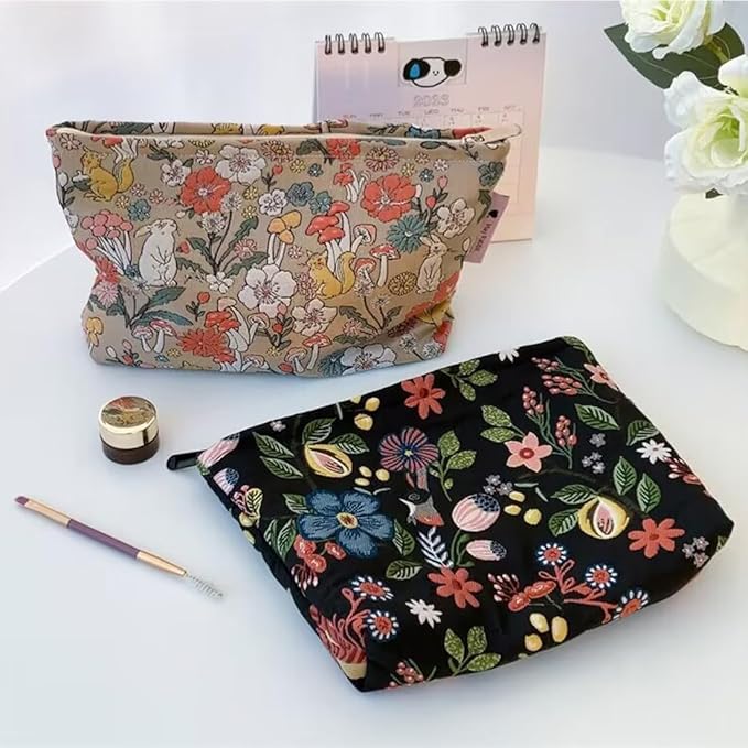 SxoSyo Makeup Bag Embroidery Cosmetic Bags for Women Large Travel Toiletry Pouch Zipper Storage Purse Make up Brushes Organizer for Gifts (Flowers, Black)