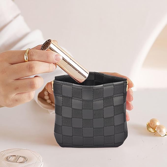 Leather Pocket Cosmetic Bag for Purse,Coin Purse Lipstick Cosmetic Accessories Organizer, Travel Kit Storage Pouch,Waterproof Portable No Zipper Self-closing (Black/Small)