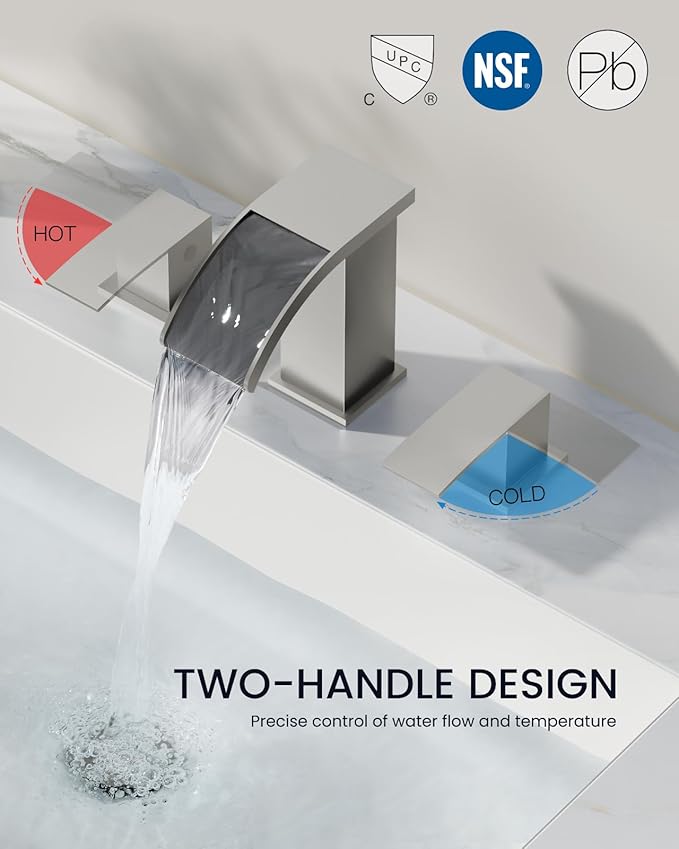 gotonovo Waterfall 8 inch Widespread Bathroom Faucet Set Bathroom Sink Faucet 3 Hole 2 Handle Vanity Lavatory Deck Mount with Pop Up Drain and Water Supply Lines Square Body Brushed Nickel