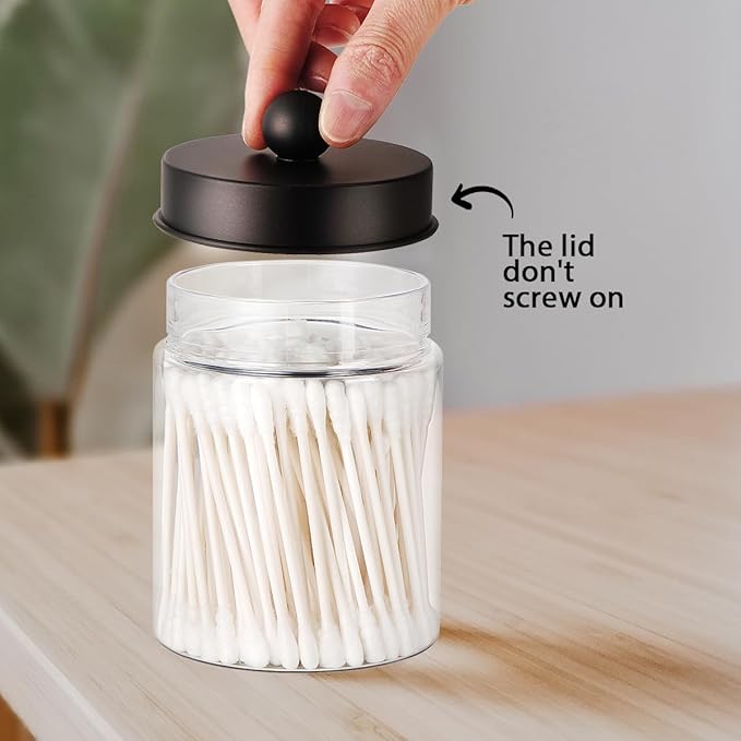 Amolliar Farmhouse Decor Qtip Holder Dispenser for Cotton Swabs,Balls, Cotton Pads, Floss - Clear Plastic Apothecary Jar for Bathroom Canister Storage, Vanity Countertop Makeup Organizer-Bronze (2)