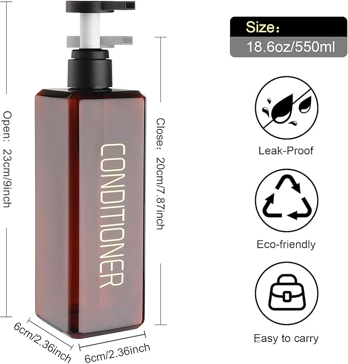 Shampoo and Conditioner Dispenser Shower Soap Bottles 3 Pack 550ml/18.6oz Refillable Shampoo Pump Bottle Dispenser Plastic Empty Body Wash Dispensers with Stylish Permanent Labels for Bathroom (Brown)